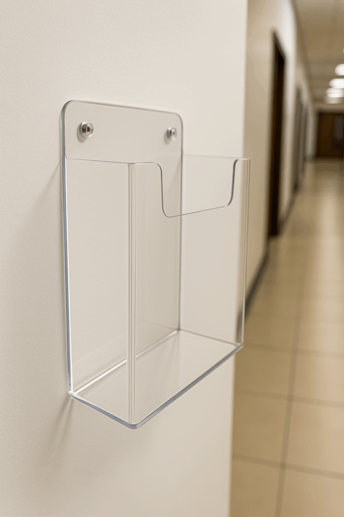 kieszeń wisząca na ulotki w korytarzy wykonana z plexi